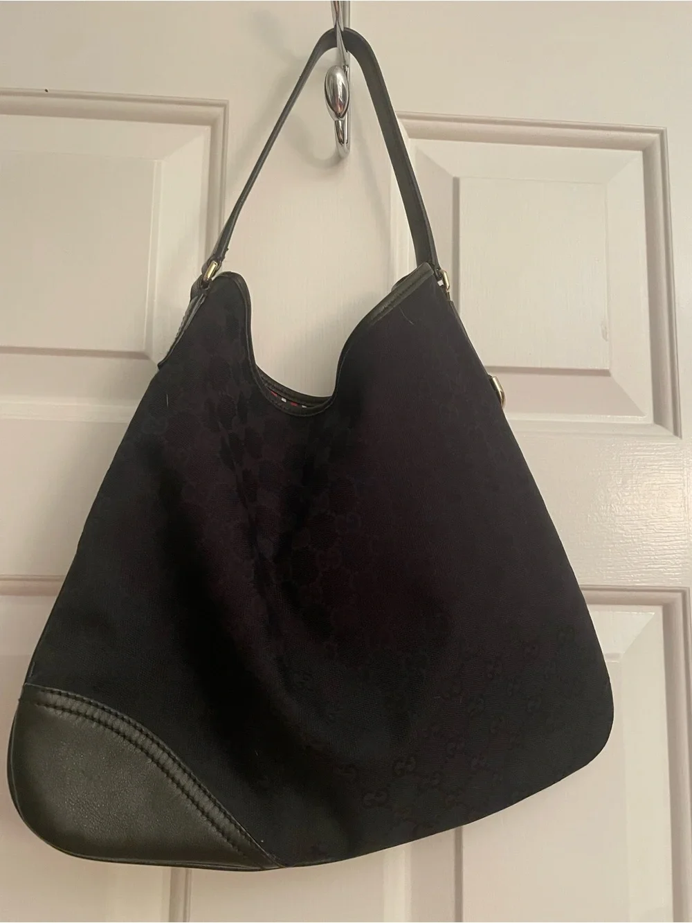 Gucci Black GG Canvas Shoulder Hobo with Gold Double G